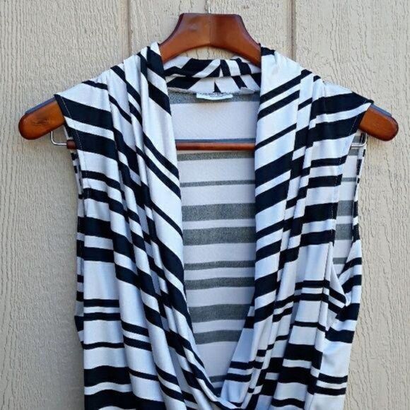 New York & Company Sleeveless Mock Wrap Draped Metallic Black Striped Blouse Sz - Picture 5 of 8
